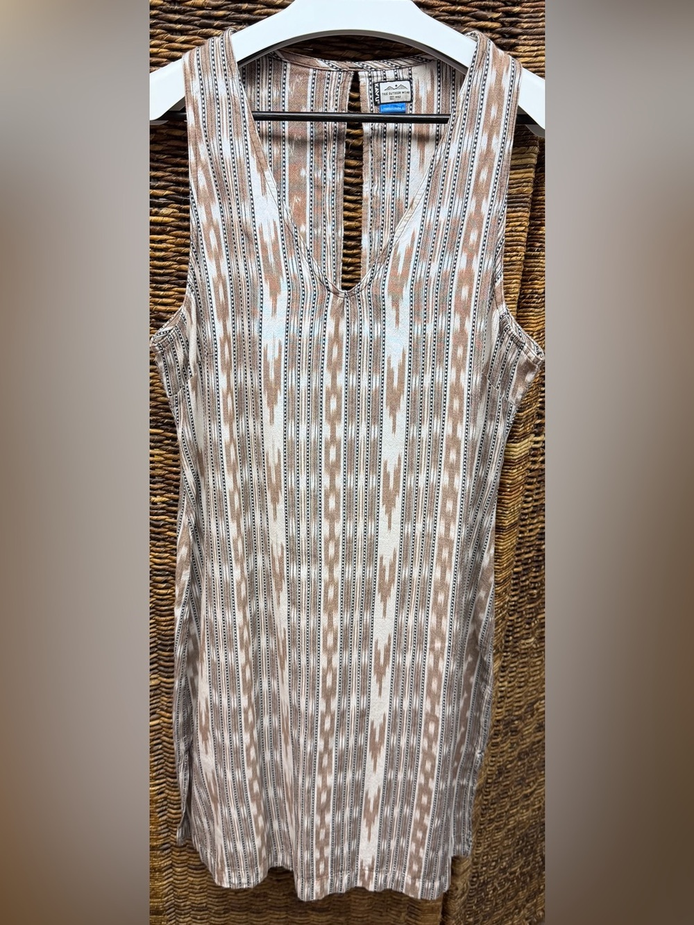 Kavu- Sleeveless Aztec Stripe Tank Dress in Cream and Taupe, Size: Large - Picture 1 of 7